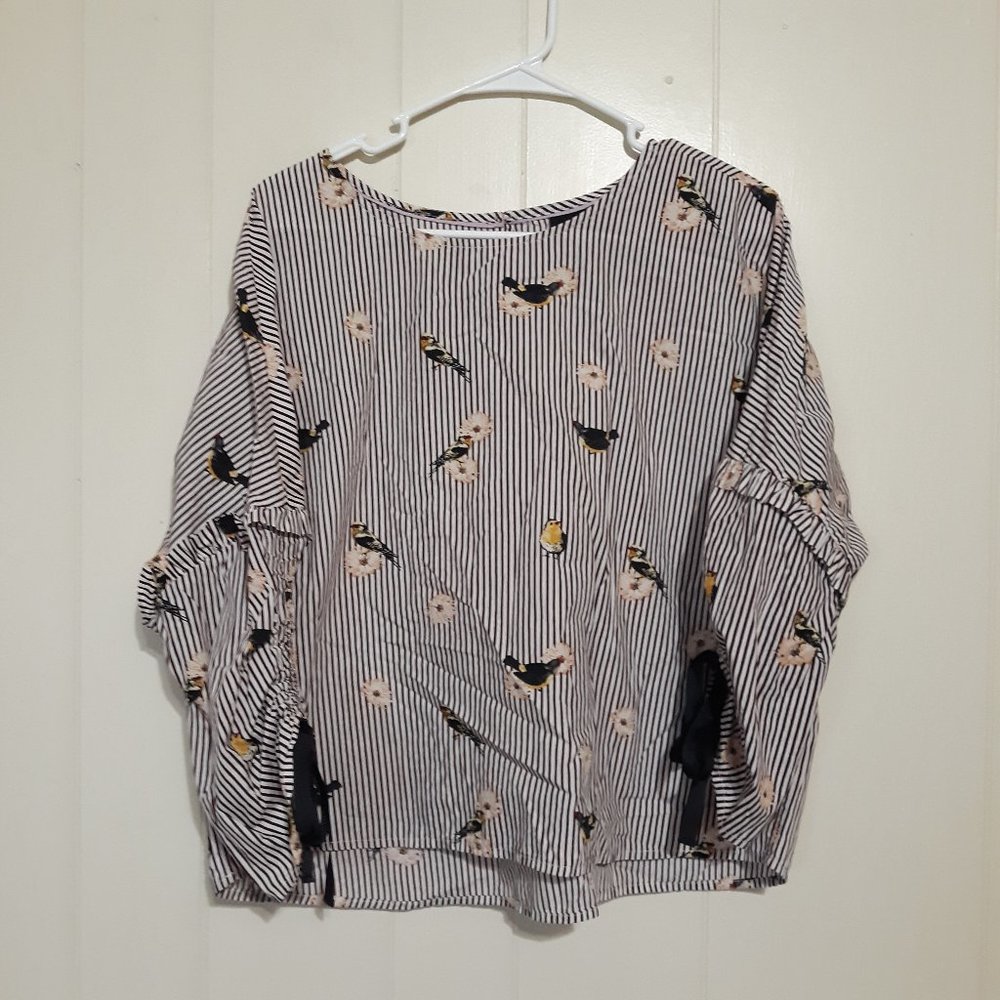 Nanette Lepore Medium striped bird summer spring Print Tie Bell Sleeve Blouse
